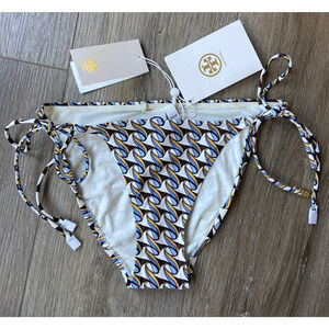 Tory Burch String Bikini Bottom Sz XS Ivory French Cream Ribbon Wave graphic NWT